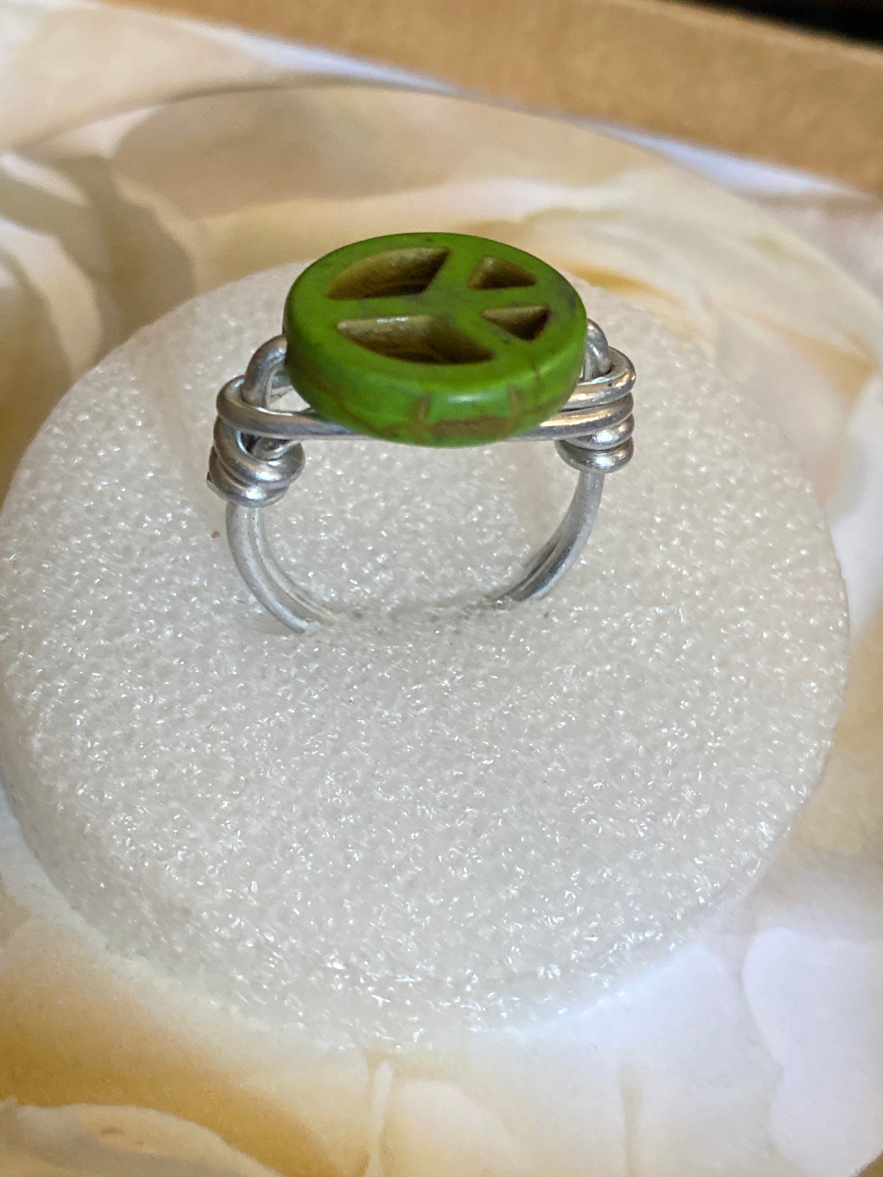 Hand Made Wire Ring Green Peace Bead