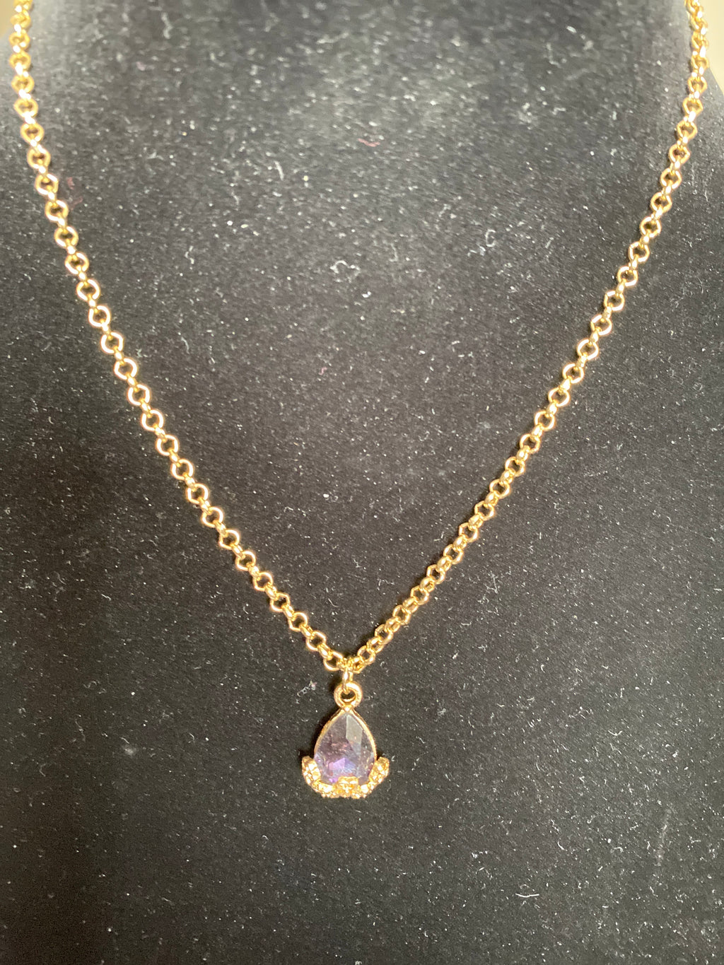 Purple Rhinestone pendant gold tone necklace