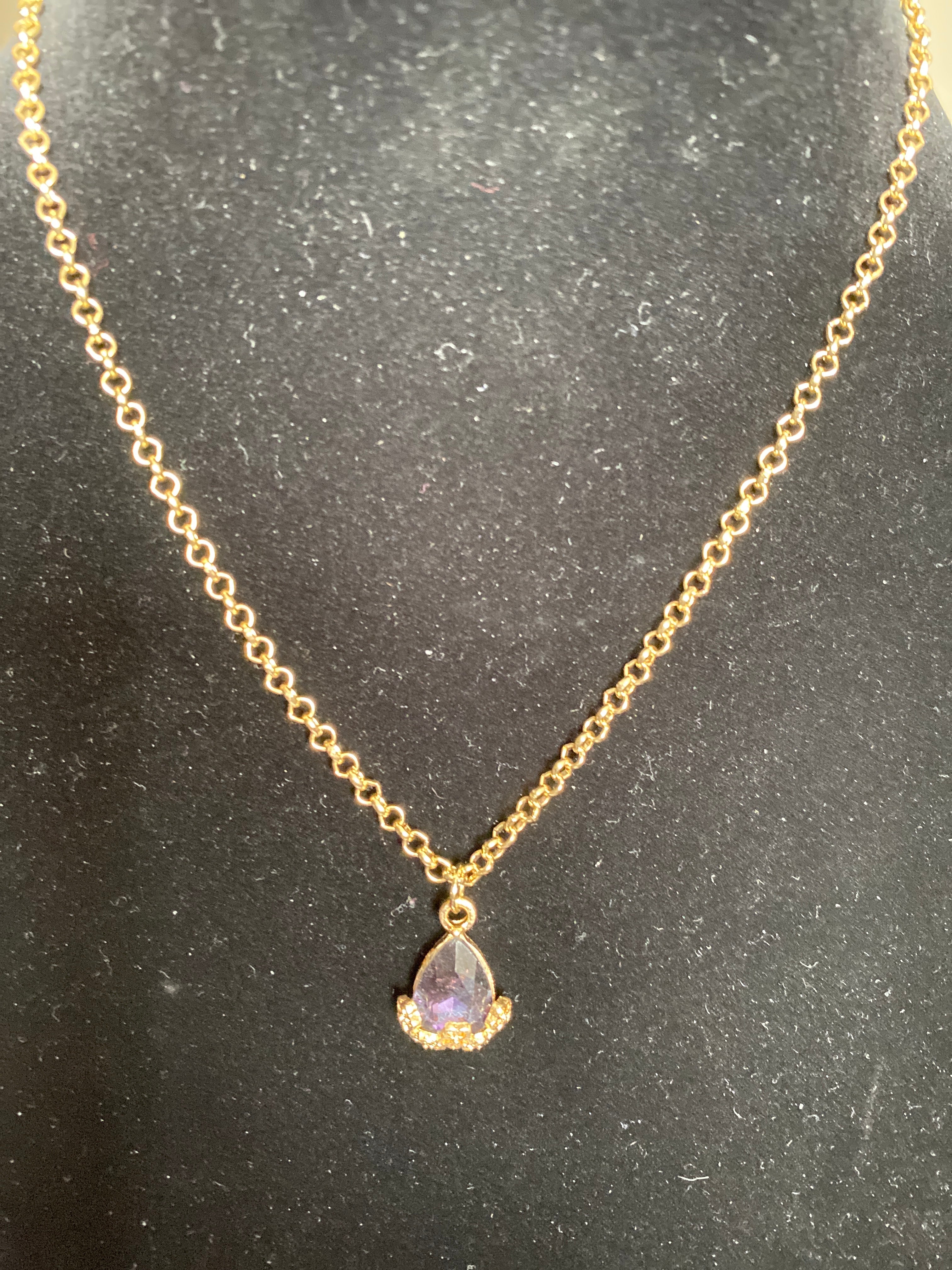 Purple Rhinestone pendant gold tone necklace