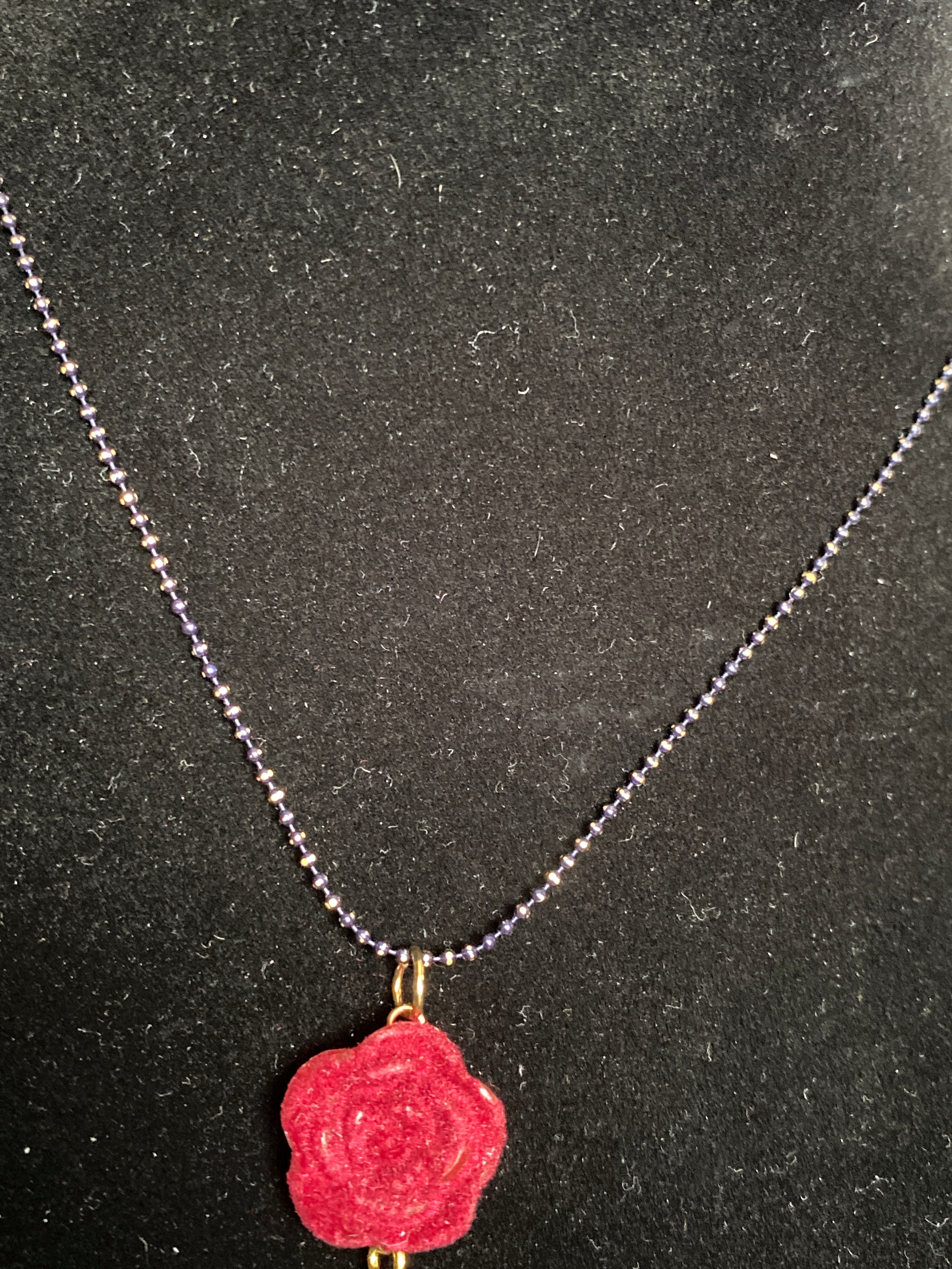 Red Rose (velvet) and Bead Chain Necklace
