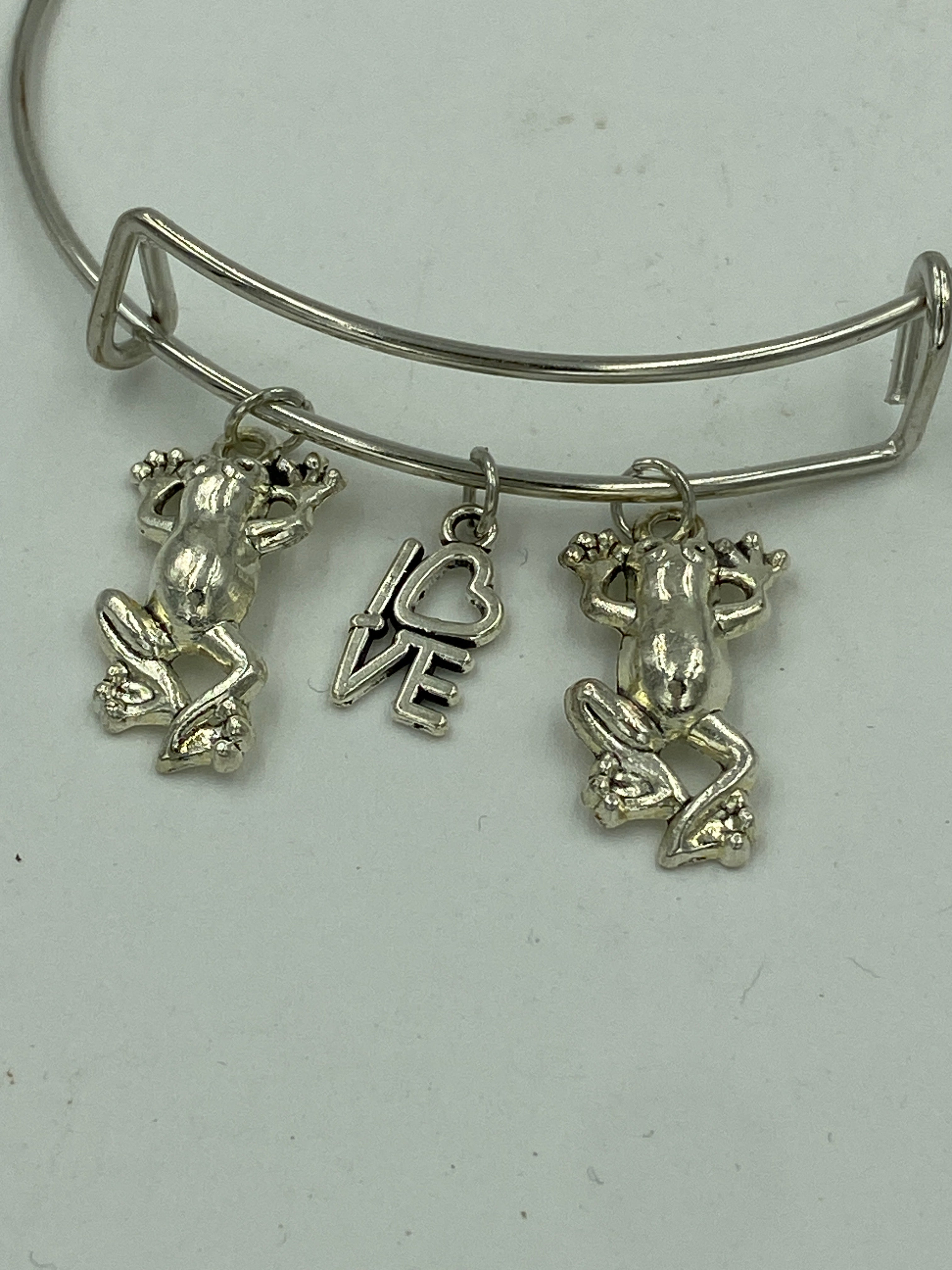 Bangle Charm Bracelet Silver Tone Frogs