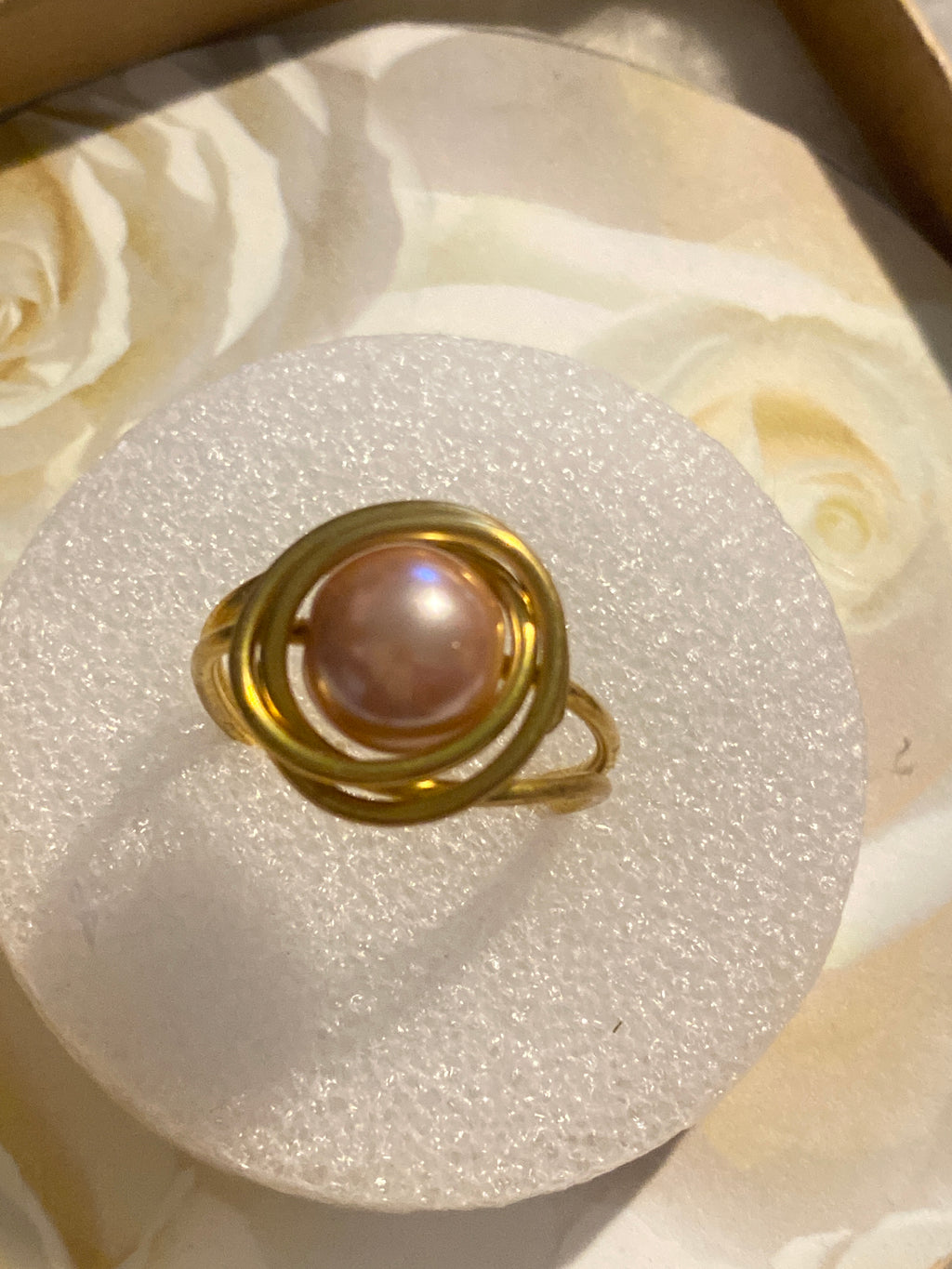 Hand Made Wire Ring  Pink Pearl Bead
